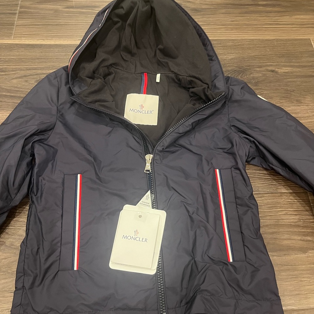 Moncler Dark Blue Hooded Windbreaker with Tricolor Accents